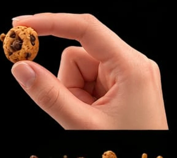 A single Coin Cookie held between finger and thumb, showing its size.